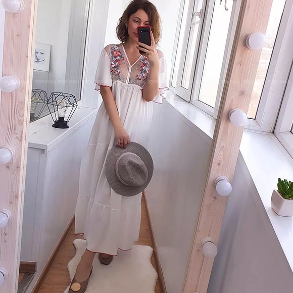 White Cleo Cotton Boho Maxi Dress W/Side Slits Hand Embroidered Stitch Coverup - Picture 8 of 8